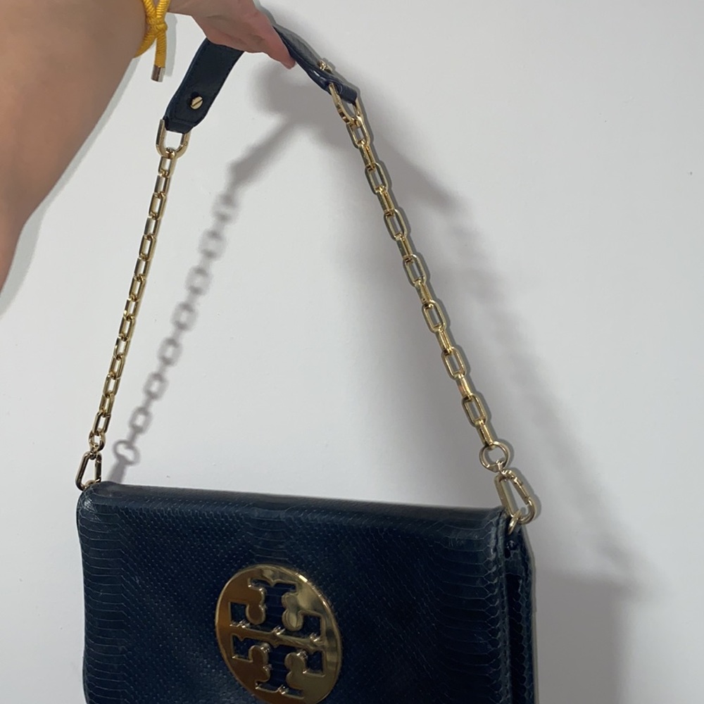 COPY - Tory Burch Audra Reva Python Clutch in Dark Navy.